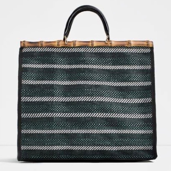 Zara Handbags - Zara Striped Woven Bamboo Trim Tote Bag